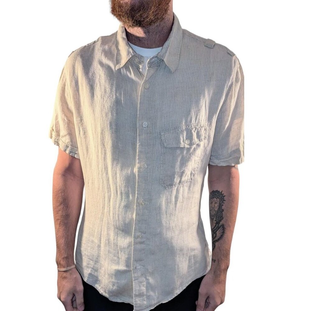 ARMANI JEANS Striped Tan Epaulet Designer Cream/Tan  Mens Shirt in Size Medium